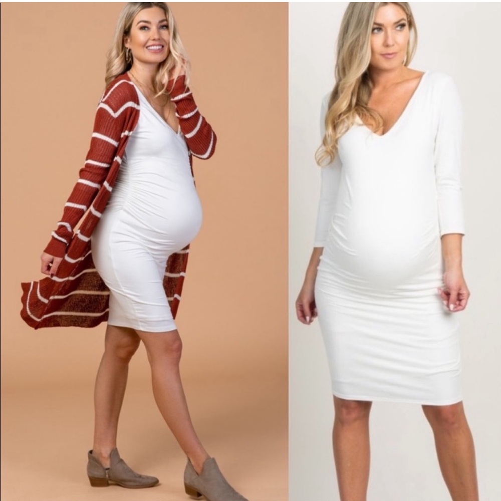 Pinkblush White V Neck 3/4 Sleeve Maternity Dress